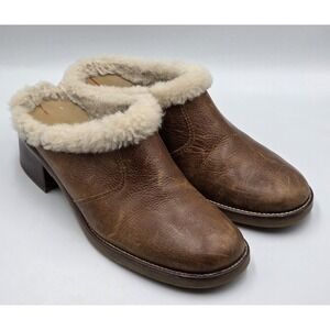 REPORT Women's Leather Faux Fur Slip-on Clogs Mules Shoes Boho Y2K Size 10M